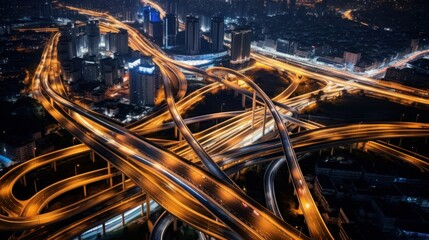 Fototapeta na wymiar Aerial view Expressway motorway highway circus intersection at Night time Top view , Road traffic in city.