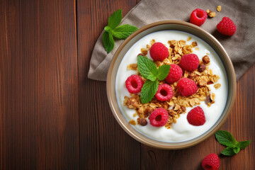 Healthy Yogurt with Raspberry and Granola Isolated on a Wooden Background Shot From Above with Space for Copy