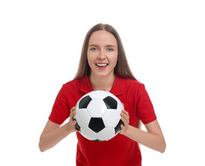 Emotional sports fan with ball on white background