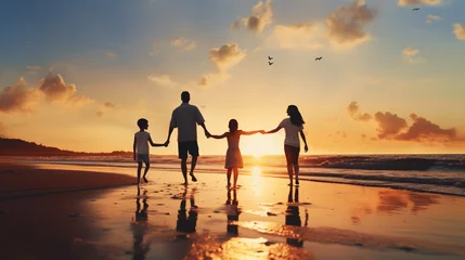 Fotobehang Happy family enjoying with sunset view on beach, Summer leisure lifestyle, Active parents and family outdoor activity on tropical summer vacation, Father and mother walking with kids, AI Generated © Shining Pro