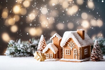 Ginger bread houses, Christmas lights in background