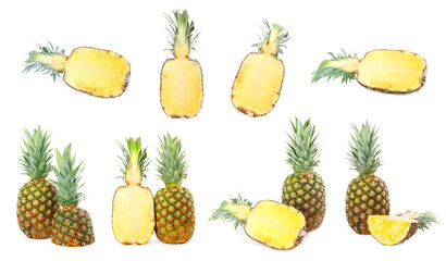 Set with cut and whole pineapples isolated on white