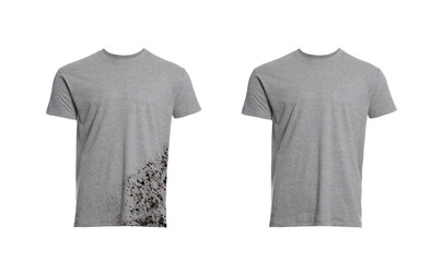 Naklejka premium Collage with dirty and clean t-shirt isolated on white. Before and after washing