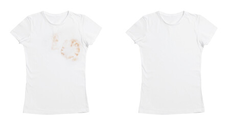 Collage with dirty and clean t-shirt isolated on white. Before and after washing