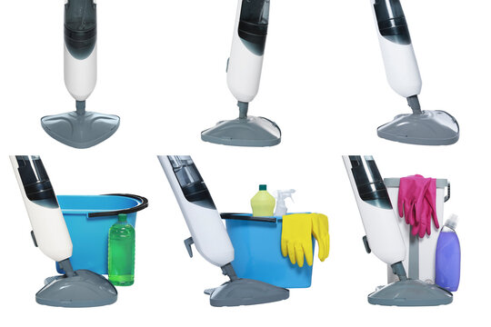 Collage of modern steam mop and cleaning supplies on white background