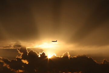 airplane flying over the sunset