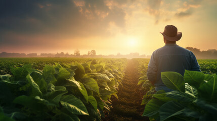 A farmer standing in a field or plantation growing snuff or other plants with a beautiful setting sun in the background
. generative ai
 - obrazy, fototapety, plakaty