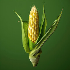 A fresh corn on the cob, captured in vibrant detail against a lush green backdrop