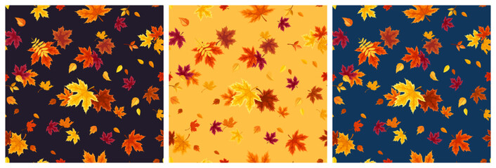 Seamless patterns with red, orange, yellow and brown autumn leaves on orange, blue, and purple backgrounds. Set of vector autumn backgrounds