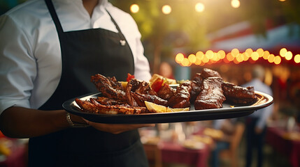 Waiter or chef holding a tray with grilled meat or fried ribs on a beautiful background. generative ai
