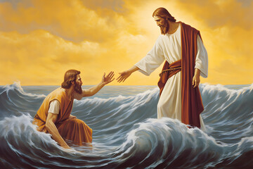Jesus rescuing drowned Peter at sea during storm. - obrazy, fototapety, plakaty