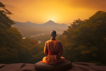 Buddhist monk in meditation on mountaintop at beautiful sunset or sunrise