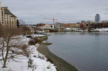 Victoria BC under a blanket of fresh white snow. This capital of BC Canada doesn't often get cold winter weather but when it does and everything is frozen it looks very scenic.