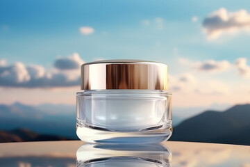 Beautiful transparent white cream without a name on a beautiful sky background with a place for a...