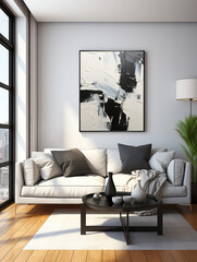 Modern living room with natural light. Pillow back sofa, neutral colors and abstract wall art.