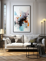 Modern living room with natural light. Pillow back sofa and abstract wall art.