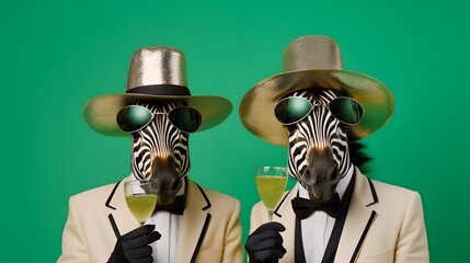 Portrait of wild animals with sunglasses, hats and champagne glasses on green background. Elegant and beautiful, black and white zebra. New Year party.