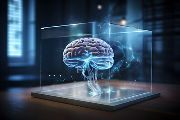 Smart futuristic healthcare, hologram of a brain with virtual and augmented reality technology