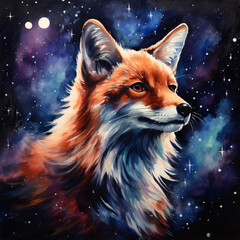 Fototapeta premium A Watercolor of a Fox on a Space Background