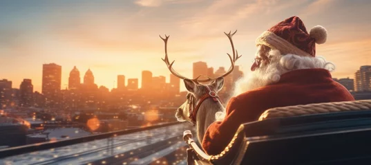 Fotobehang Santa on a sleigh in close-up against a metropolitan backdrop at sunset. New Year's card. Christmas atmosphere. Vintage colors. © masyastadnikova