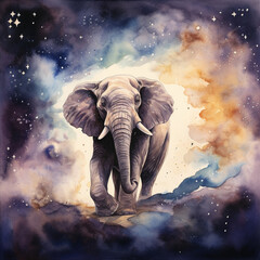 A Watercolor of an Elephant on a Space Background