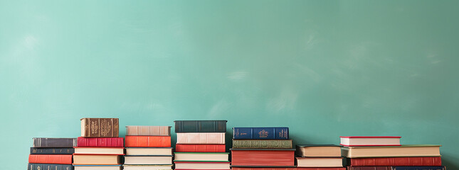 Obraz premium Pile of old books on green wall background. 3d illustration. Books and apples on a wooden background. Back to school concept.