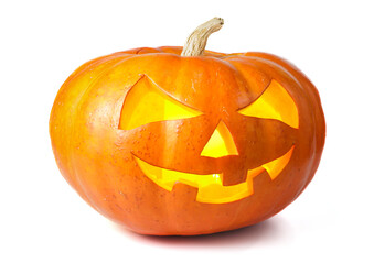 Glowing halloween pumpkin isolated on a white background. Funny halloween character