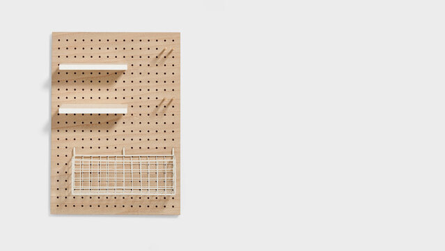Closeup of wooden pegboard isolated on white background.