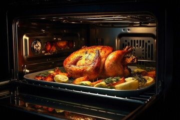 Naklejka premium Beautiful tasty golden roast chicken whole with vegetables baked in the oven. generative ai 