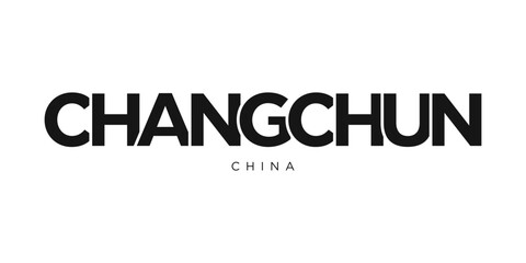 Changchun in the China emblem. The design features a geometric style, vector illustration with bold typography in a modern font. The graphic slogan lettering.