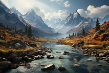 Fototapeta na wymiar Photograph of beautiful mountains with a lake, emanating calmness, autumn. Generative AI.
