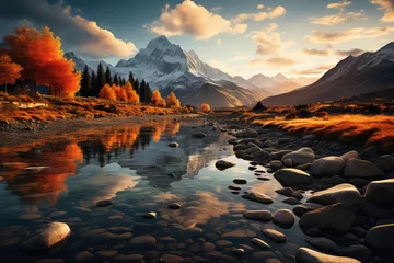Fotobehang Photograph of beautiful mountains with a lake, emanating calmness, autumn. Generative AI. © Hui