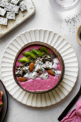 Dragon fruit healthy smoothie bowl, top view. 