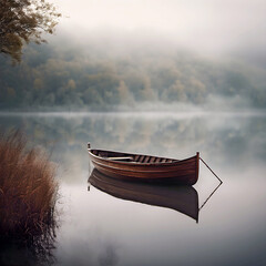 Old wooden row boat on a misty lake with autumn trees and plants 