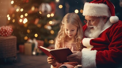 Fototapeta na wymiar Santa Claus and a little girl are reading a book. New Year and Christmas holidays. The atmosphere of the holiday