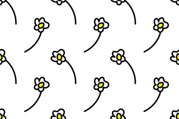 Cute cartoon flower chamomile. Summer garden and field. Beautiful. Trendy, stylish, fashionable, seamless vector pattern for design and decoration. 