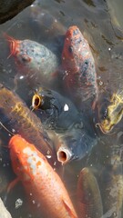 Group of Koi fish swimming in a tranquil pond on a sunny day