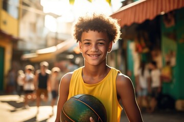 Young brazilian boy holding a basketball and smiling in a favela in Rio de Janeiro