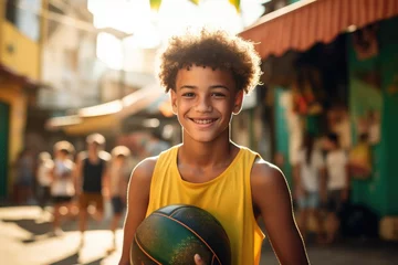 Poster Im Rahmen Young brazilian boy holding a basketball and smiling in a favela in Rio de Janeiro © Geber86