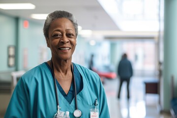 Middle aged african american nurse smiling in a hospital