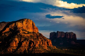 Majestic landscape view of rock formations of Cathedral Rock in Arizona at sunset
