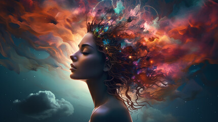 AI-Infused Euphoria: Expressive Portrait of a Woman Merged with Cosmic Nebula and Virtual Artistry, Capturing Authentic Spirituality
