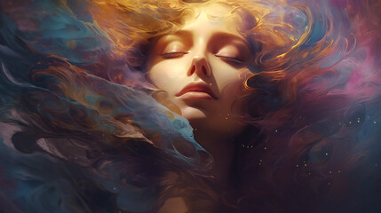 AI-Powered Euphoria: Expressive Portrait of a Confident Woman Merged with Cosmic Nebula and Authentic Digital Artistry