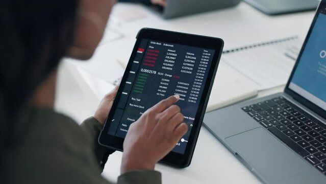 Hands, tablet and woman with stock market trading, fintech app or data analysis for investment, growth or info, Investor, finance expert and scroll on digital touchscreen, economy or review at desk