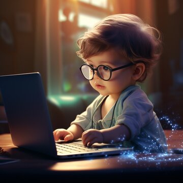 illustration of a baby geek playing and coding on his computer, IA generated 