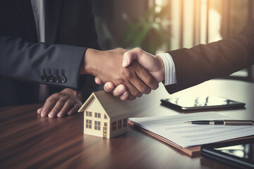 Real estate agent shaking hands with customer after signing contract to buy house.