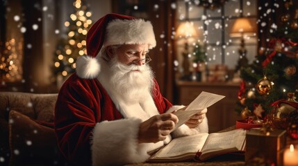 Obraz premium Ai generative of Santa Claus is reading a book. New Year and Christmas holidays. The atmosphere of the holiday. Postcard. Close up view. High quality photo