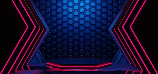 futuristic gaming esports background abstract wallpaper, cyberpunk style scifi game, stage concert scene in pedestal display room, led neon glow light, 3d illustration rendering