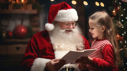 Fototapeta na wymiar Ai generative of Santa Claus is reading a book. New Year and Christmas holidays. The atmosphere of the holiday. Postcard. Close up view. High quality photo