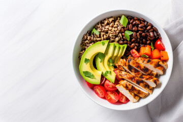 Healthy Chicken Burrito Bowl with Grilled Chicken, Black Beans, Tomatoes and Avocado Isolated on a White Background - obrazy, fototapety, plakaty